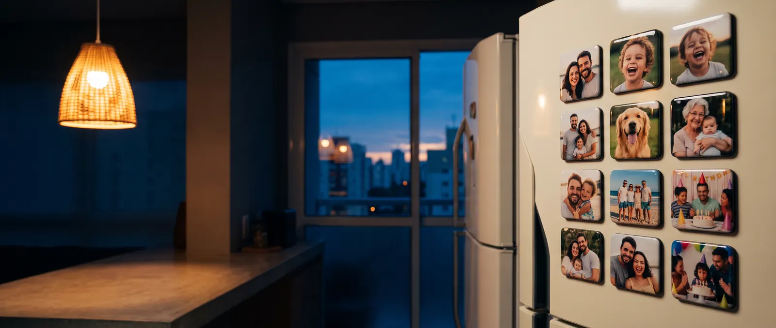 Cozinha silenciosa ao anoitecer, com a luz de um pendente iluminando a porta da geladeira cheia de ímãs com fotos