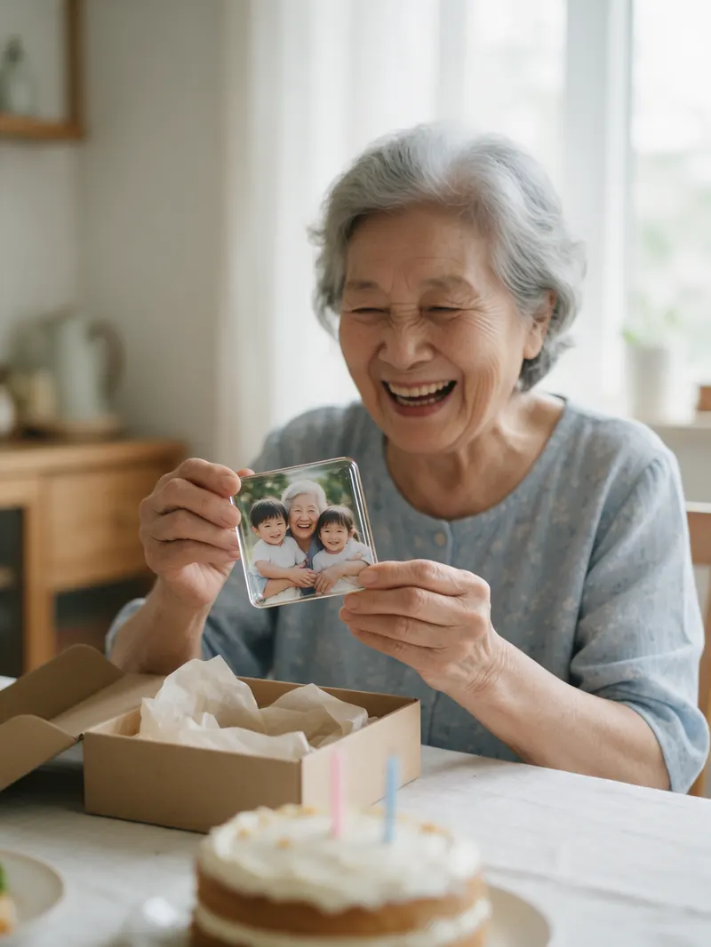 Avó sorrindo ao receber de presente um ímã com a foto dos netos, ao lado de uma caixinha e um bolo de aniversário
