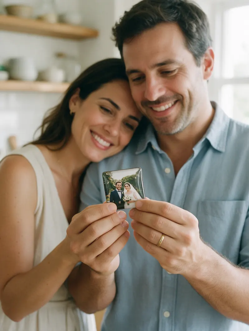 Casal abraçado olhando um ímã com a foto do próprio casamento