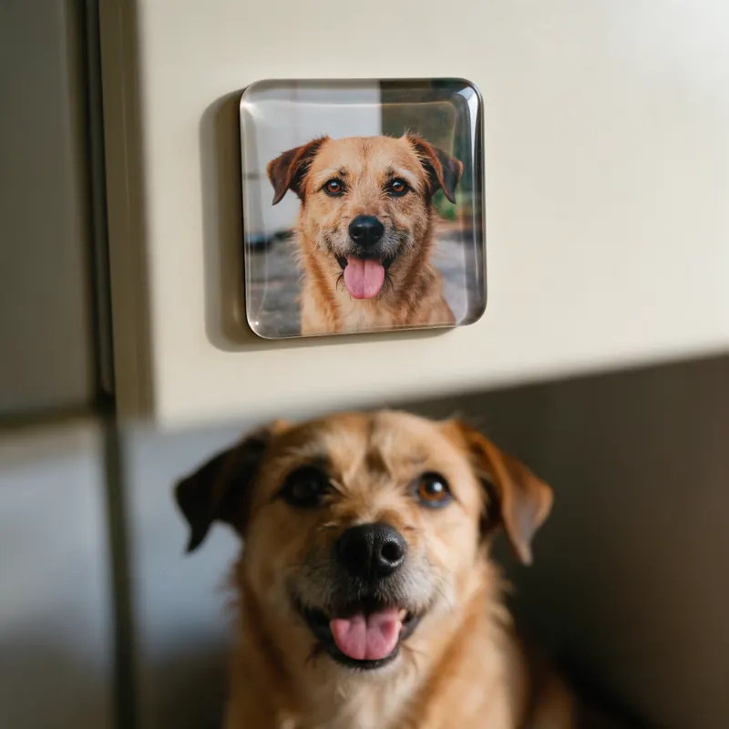 Ímã com foto de um cachorro caramelo na geladeira e o mesmo cachorro sentado logo abaixo, olhando para a câmera