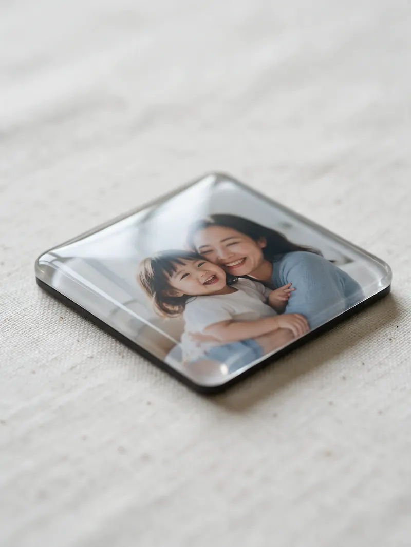 Detalhe de um ímã quadrado com foto de mãe e filha, mostrando o acabamento brilhante, os cantos arredondados e a borda magnética